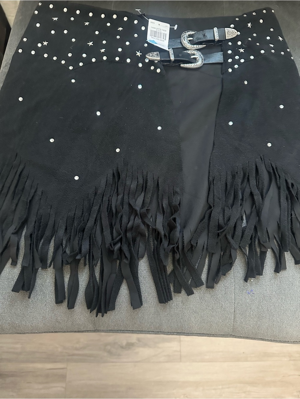 Black Fringe Studded Mini Skirt with Western Buckle